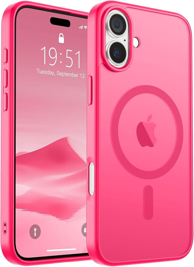 SUPFINE Magnetic for iPhone 16 Plus Case(Compatible with MagSafe) (Military Grade Drop Protection) Slim Translucent Matte Shockproof with Anti-Fingerprint Phone Case,Hot Pink