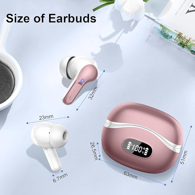 Wireless Earbuds, Bluetooth Headphones 5.4 HiFi Stereo, Ear Buds with 4 ENC Noise Cancelling Mics, 48H Bluetooth Earbuds with Dual LED Display, IP7 Waterproof Earphones for Android iOS, Pink Gold