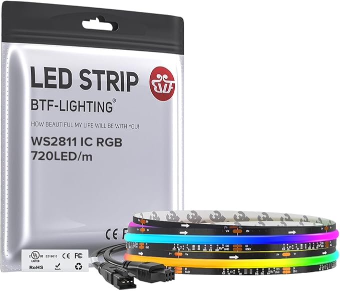 BTF-LIGHTING WS2811 Smart IC RGB FCOB COB LED Strip, UL Listed 720LEDs/m High Density Color Chasing Uniform Light, DC12V 3.28FT 12mm Width Black PCB for Home Party DIY Decor(No Adapter or Controller)