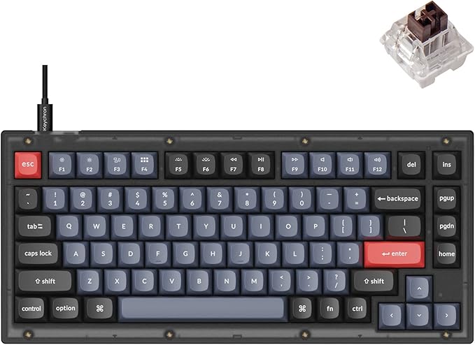 Keychron V1 Wired Custom Mechanical Keyboard, 75% Layout QMK/VIA Programmable Macro with Hot-swappable Keychron K Pro Brown Switch Compatible with Mac Windows Linux (Frosted Black - Translucent)