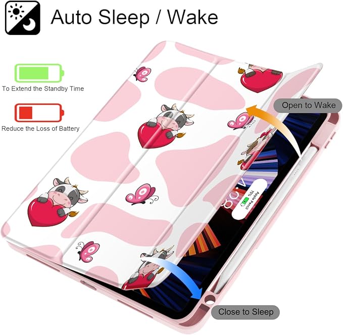 Mektron Case for iPad Pro 11 inch (4th, 3rd, 2nd & 1st Gen) 2022 2021 2020 2018, Buit in Pencil Holder with Shockproof Cover Clear Shell + Auto Wake/Sleep, Butterfly Cow
