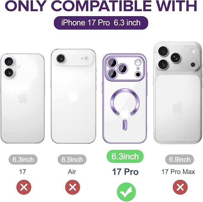 Hython Magnetic Clear for iPhone 17 Pro Case with Camera Lens Protector [Compatible with MagSafe] Luxury Plating Edge Slim Soft TPU Cover Protective Phone Case for iPhone 17 Pro 6.3", Light Purple