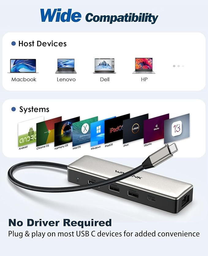 USB C Hub 2.5G Ethernet, WAVLINK 10Gbps USB C Hub Multiport Adapter with 2.5Gb RJ45 Ports, 4K@120Hz HDMI, 3 * 10Gbps USB-A/C, PD 85W, for MacBook Neo/Pro/Air, iPad, Acer, Dell, HP, Lenovo, Asus