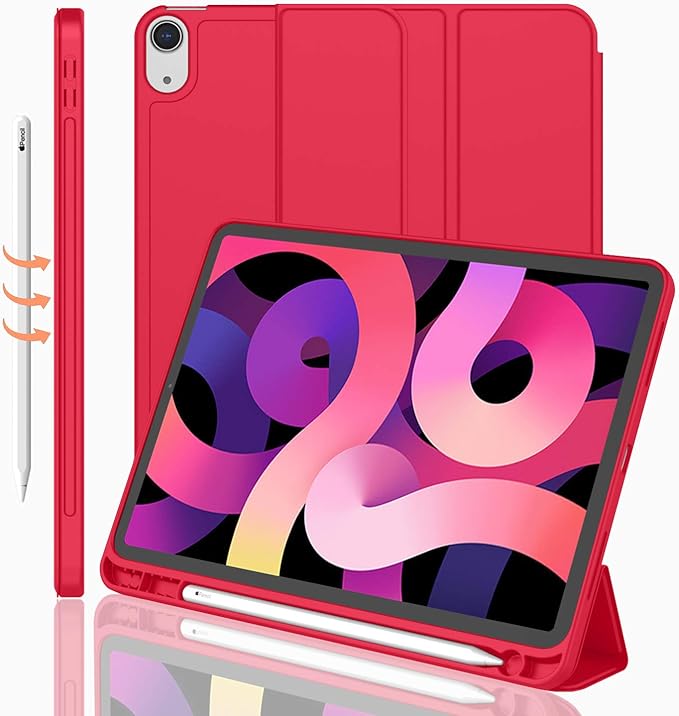 iMieet iPad Air 11 Inch Case M4/M3/M2(2026/2025/2024), iPad Air 5th/4th Generation Case 2022/2020 10.9 Inch with Pencil Holder,Trifold Stand Smart Case with Soft TPU Back(Red)