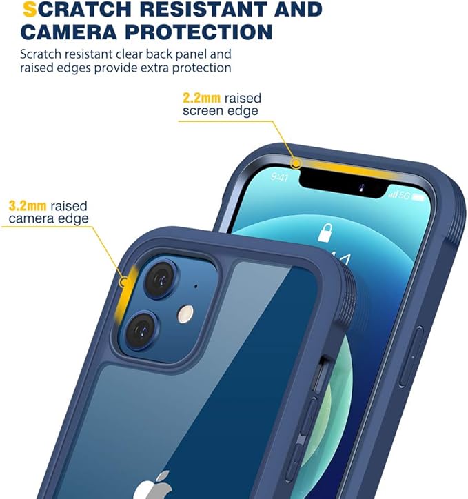 Diaclara Designed for iPhone 12/12 Pro Case, Full Body Rugged with Built-in Touch Sensitive Anti-Scratch Screen Protector, Soft TPU Bumper Case for iPhone 12/12 Pro 6.1" (Dark Blue and Clear)