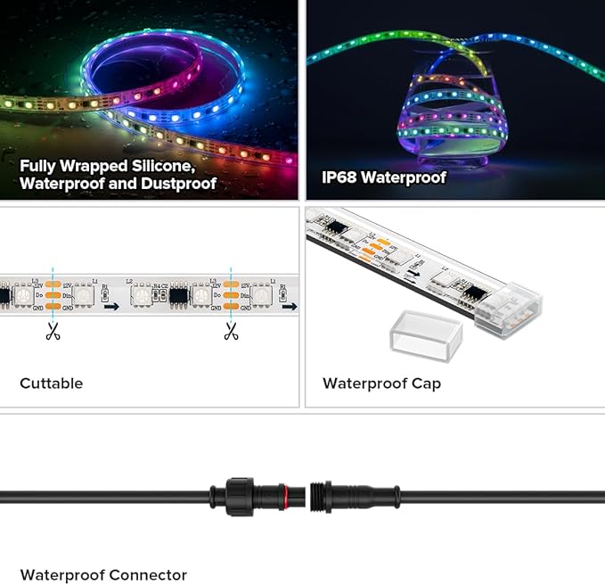 BTF-LIGHTING IP68 Waterproof Outdoor WS2811 RGB IC LED Strip Addressable Dream Color Flexible 5050SMD Light DC12V 16.4ft 60LEDs/m 20Pixels/m Can Work Outdoor White PCB(No Adapter or Controller)