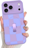 KANGHAR Compatible with iPhone 17 Pro Max Case, Support for MagSafe, Silicone Checkered Cute Pattern, Wristband Kickstand Camera Protection Soft Slim Cover for Girls Women -Purple