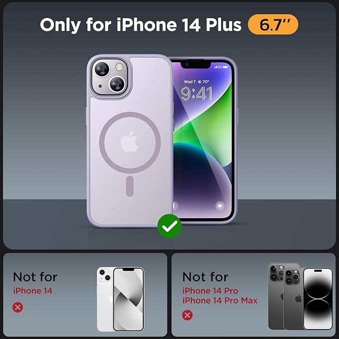 Miracase Magnetic for iPhone 14 Plus Case 6.7 inch (Compatible with MagSafe)（with 2X Screen Protectors） Military-Grade Protection, Anti-Fingerprint Translucent Matte Phone Case Cover, Light Purple