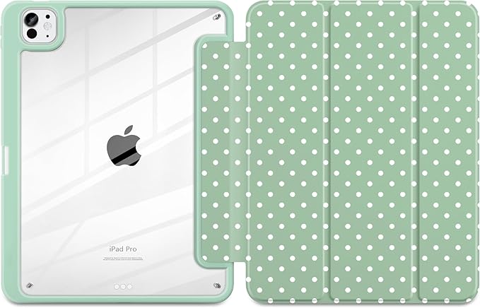 Case for iPad Pro 11 Inch (M5 2025 M4 2024) – [Built-in Pencil Holder], Shockproof & Stylish, Clear Hard Back + Soft TPU Edge, Magnetic Trifold Stand, Auto Wake/Sleep, Green White dot