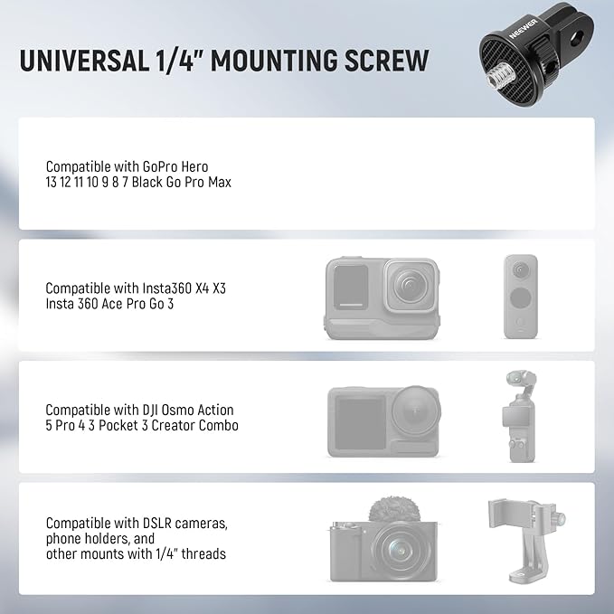 NEEWER Action Camera Mount Adapter with 1/4" Screw Aluminum Alloy Compatible with GoPro Hero 13 12 Insta360 X4 X3 DJI Osmo Pocket 3 Creator Combo Phone Cage, GP-7