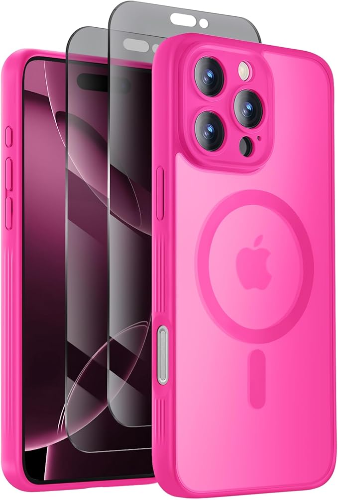 Symcele Designed for iPhone 16 Pro Case, Compatible with MagSafe, with Privacy Screen Protectors X2, [Camera Protection] [15FT Military Drop Protection] Shockproof Phone Case, 2024, Hot Pink