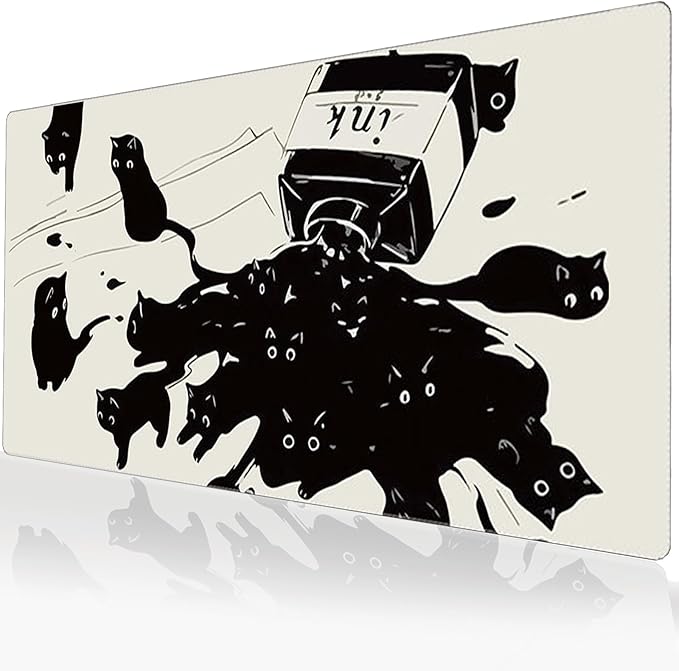 Gaming Mouse Pad XXL Extended Anime Mouse Pad 31.5x15.7inch, Large Cute Kawaii Big Computer Mouse Mat Desk Pad with Non-Slip Rubber Base and Stitched Edge for Home Office-Black Ink Cat