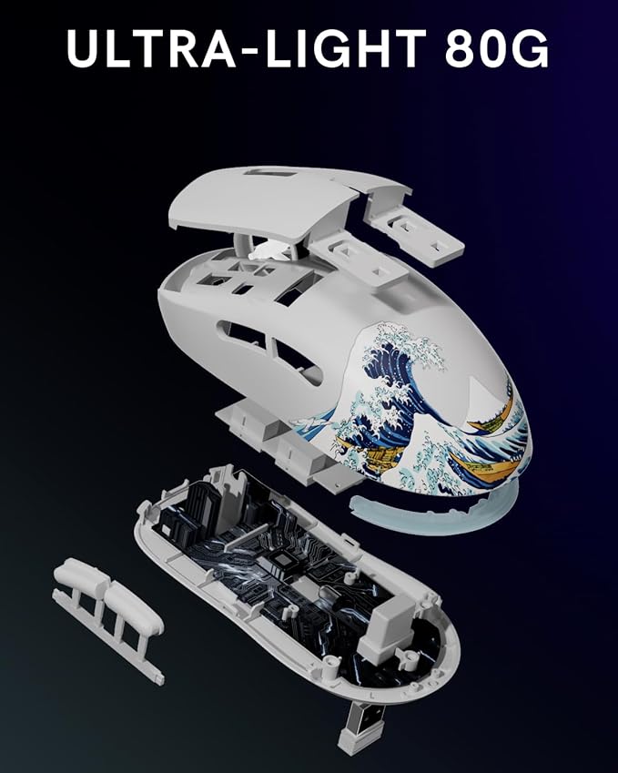 G57 Wireless Gaming Mouse, 8000 DPI, 80g, 2.4G/Bluetooth/USB-C Rechargeable Wireless Mouse with 5 Programmable Buttons for PC/Mac, White