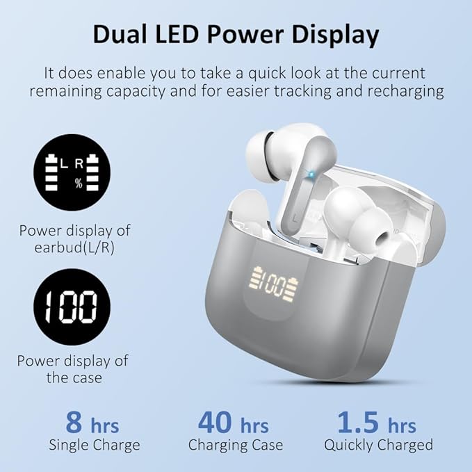 Wireless Earbud Bluetooth 5.3 Headphones, Hi-Fi Stereo Ear Buds with 4 ENC Cancelling Mics, 40H in-Ear Earphones IP7 Waterproof Sports, LED Display, Mini Headset for Laptop Pad TV Android/iOS, Grey