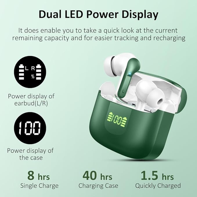 Wireless Earbuds, Bluetooth Headphones 2025 NEW Ear Buds 40H Bass Stereo in-Ear Earphones ENC Noise Cancelling 5.3 Earbuds with 4 HD Mic, USB-C LED Display IP7 Waterproof Sport Headset for Android iOS