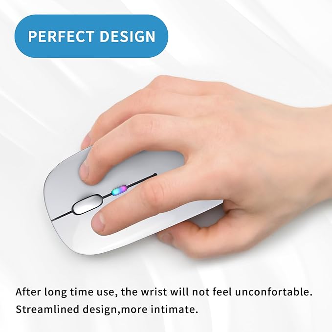 Wireless Bluetooth Mouse, Rechargeable, LED, Silent, Ultra-thin Design (Bluetooth 5.2 and 2.4GHz USB Receiver) | Portable Computer Mouse for Laptops, iPads, MacBooks and Apple Devices (Silver)