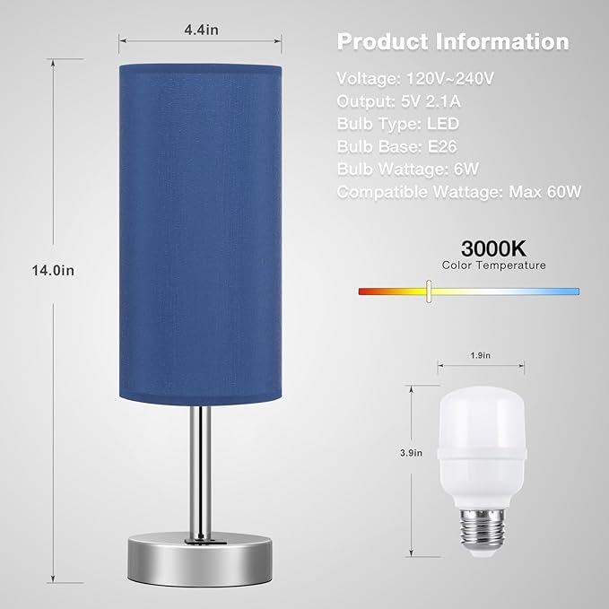 Dicoool Navy Blue Touch Lamp for Boys - Small Nightstand Lamp with USB-C and USB Charging Ports, 3 Way Dimmable Bedside Table Lamp with Fabric Shade Silver Base for Nursery, Dorm, Office, Reading