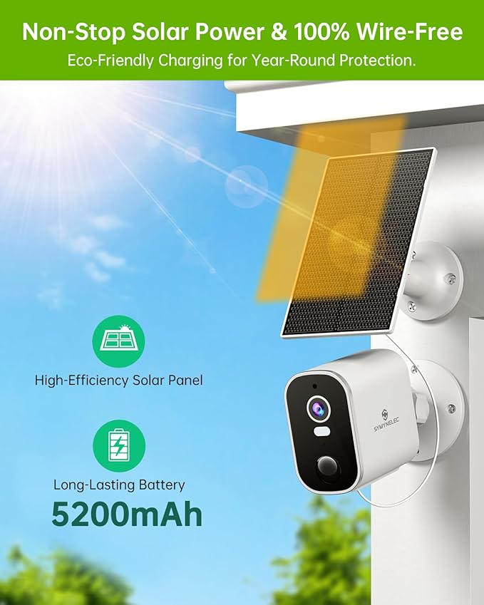 SYMYNELEC Solar Security Cameras Wireless Outdoor, 2K Battery Powered WiFi Camera with Motion Detection for Home - Color Night Vision Spotlight Siren Alarm 2-Way Talk IP65 Waterproof Cloud/TF Storage