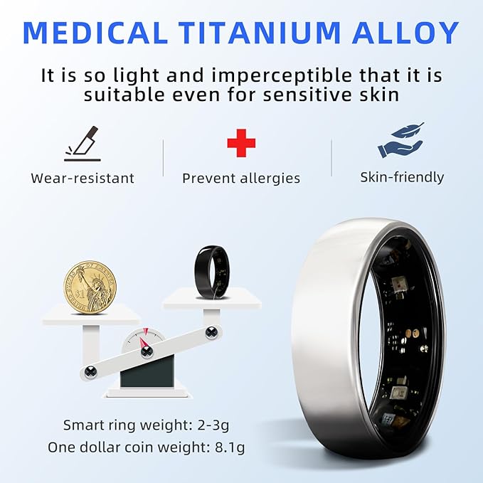 Smart Ring Titanium Fitness Sleep Tracker Health Monitoring Blood Pressure Blood Oxygen for iPhone and Android 7 Days Batterty Life (Black, 11) Full Charge First Use