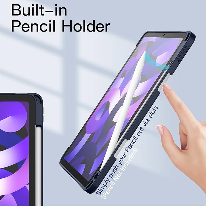 JETech Case ONLY for iPad Air 11-Inch M4/M3/M2 (2026/2025/2024), iPad Air 5/4 (2022/2020 5th/4th) with Pencil Holder, Clear Transparent Back Slim Stand Shockproof Tablet Cover (Deep Navy)