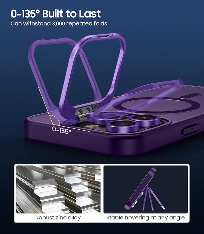 TOBOVON for iPhone 16 Pro Max Case, Compatible with MagSafe, Built-in Camera Ring Stand, with Individual Camera Cover, Translucent Matte Military-Grade Drop Protection Magnetic Case, Purple