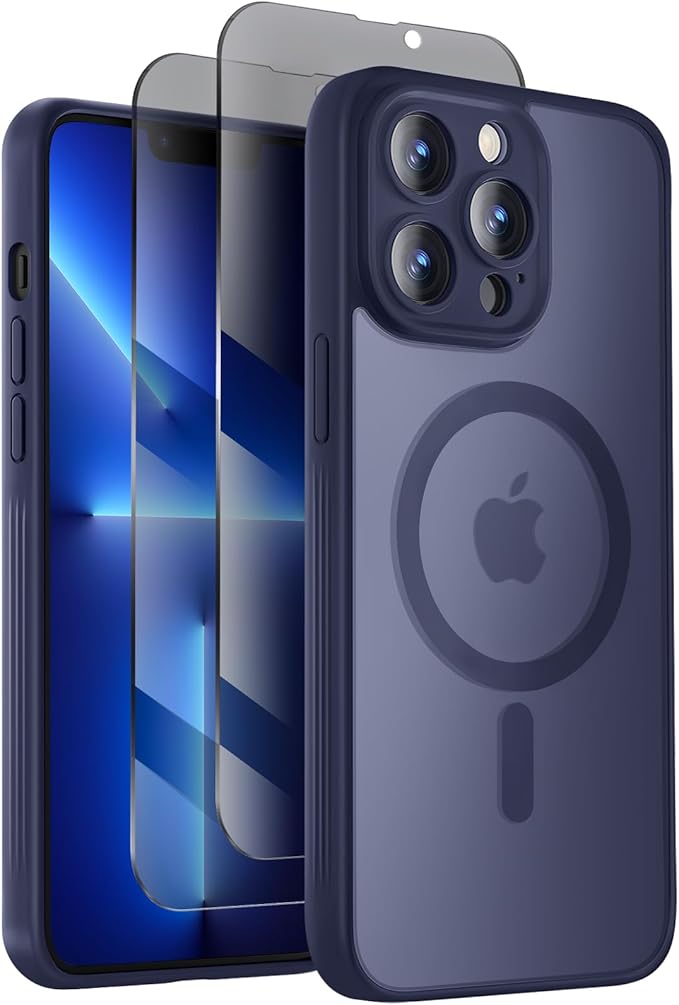 Symcele Designed for iPhone 13 Pro Max Case, Compatible with MagSafe, with Privacy Screen Protectors X2, [Camera Protection] [15FT Military Drop Protection] Shockproof Phone Case, 6.7", Deep Blue