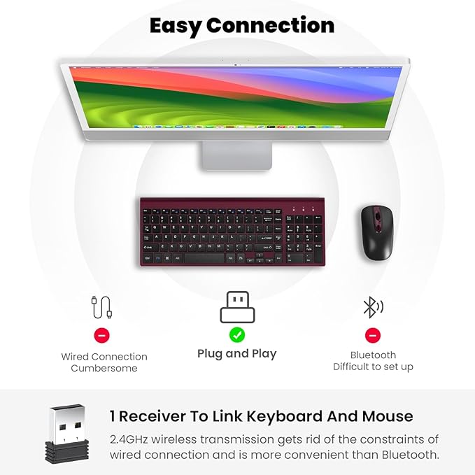 cimetech EasyTyping KF10 Wireless Keyboard and Mouse Combo, [Silent Scissor Switch Keys][Labor-Saving Keys] Ultra Slim Wireless Computer Keyboard and Mouse, Easy Setup for PC/Laptop/Windows - Wine Red