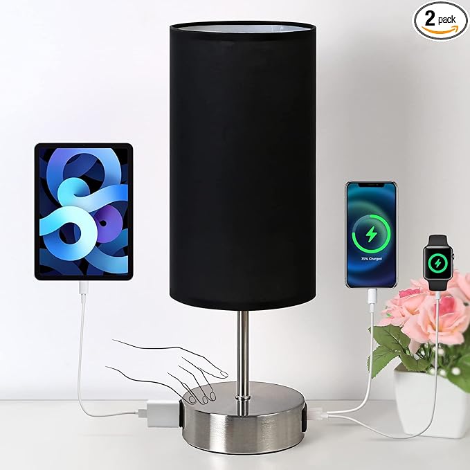 Yarra-Decor 【Upgraded Bedside Lamp with USB A+C Charging Ports & AC Outlet Touch Control Table Lamp for Bedroom 3 Way Dimmable Nightstand Lamp with Black Shade for Home,Office, Dorm(Bulb Included)