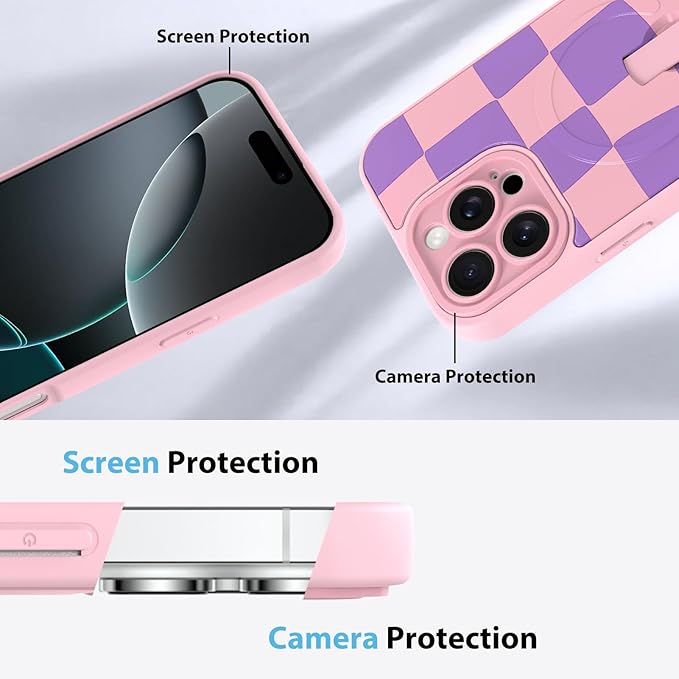 KANGHAR Compatible with iPhone 16 Pro Case, Support for MagSafe, Silicone Checkered Cute Pattern, Wristband Kickstand Camera Protection Soft Slim Cover for Girls Women -Pink