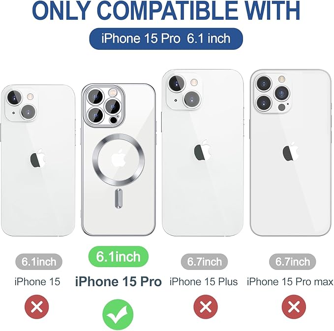 Hython Magnetic Clear for iPhone 15 Pro Case with Camera Lens Protector [Compatible with MagSafe] Luxury Plating Edge Slim Soft TPU Cover Protective Phone Case for iPhone 15 Pro 6.1", Silver