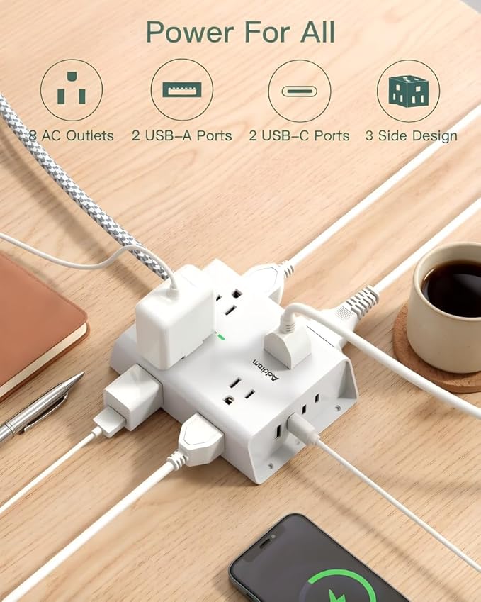 Addtam Surge Protector Power Strip, 8 Widely Outlets with 4 USB Ports (2 USB C), 10ft Extension Cord with Multiple Outlets, 3 Side Outlet Extender, Flat Plug, Wall Mount, ETL, White