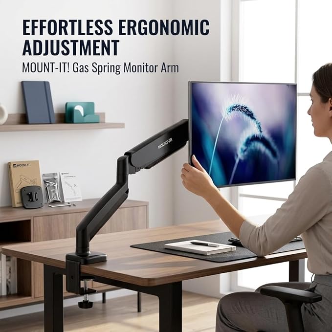 Mount-It! Single Monitor Arm Desk Mount, Gas Spring Monitor Mount, Fits 13–32" Screens up to 17.6 lbs, VESA 75x75 & 100x100, Full Motion Tilt Swivel Rotate, C-Clamp & Grommet Base