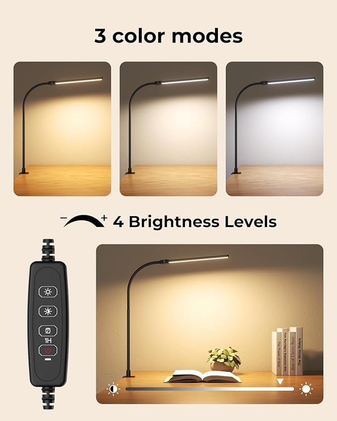 Desk Lamp with Clamp, Eye Caring LED Desk Lamp for Home Office with Gooseneck, Clip on Light with 3 Color Modes for Working, Reading, Drawing