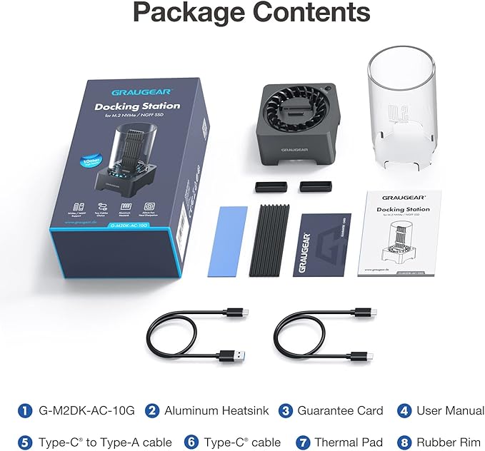 GRAUGEAR M.2 NVMe SATA PCIe SSD Enclosure Adapter Docking Station with Cooling Fan, USB3.2 Gen2 10Gbps M.2 SSD External Case USB C, Support UASP and Trim, M2 NVMe NGFF M Key B+M Key, RTL9210B Chipset