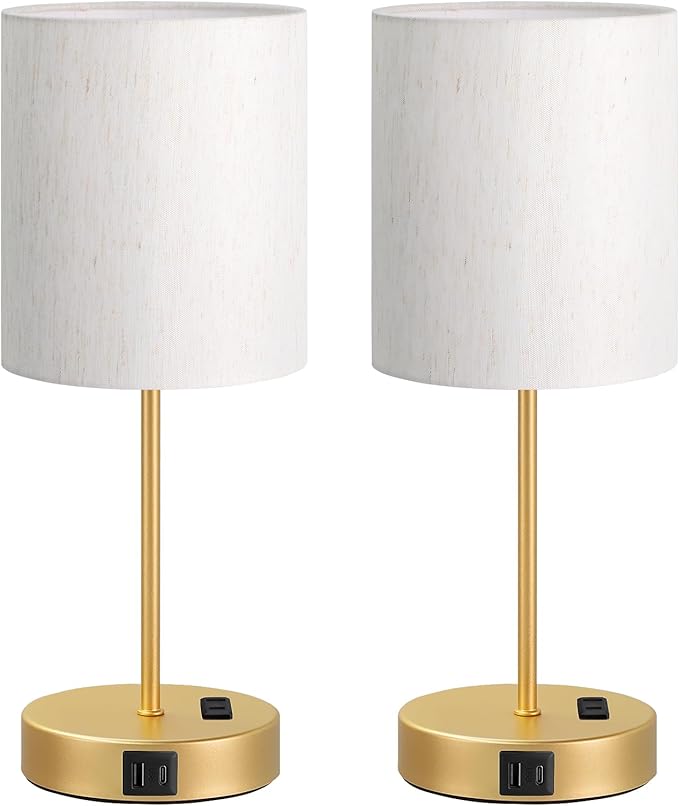 Gold Touch Lamps for Nightstand Set of 2 - Bedside Table Lamp for Bedroom with Dual USB Ports & AC Outlet, 3-Way Dimmable Lamps for Living Room Boys Room, Night Light with 5000K Daylight Bulbs