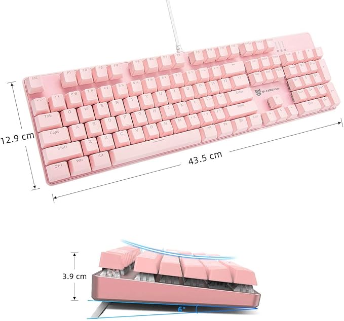 Merdia Full Size Wired Mechanical Gaming Pink Keyboard | Blue Switch 104 Keys US Layout Full Size Pink PC Gaming Keyboards | Hot Swappable LED Backlit Light Up Wired Mechanical Computer Keyboards