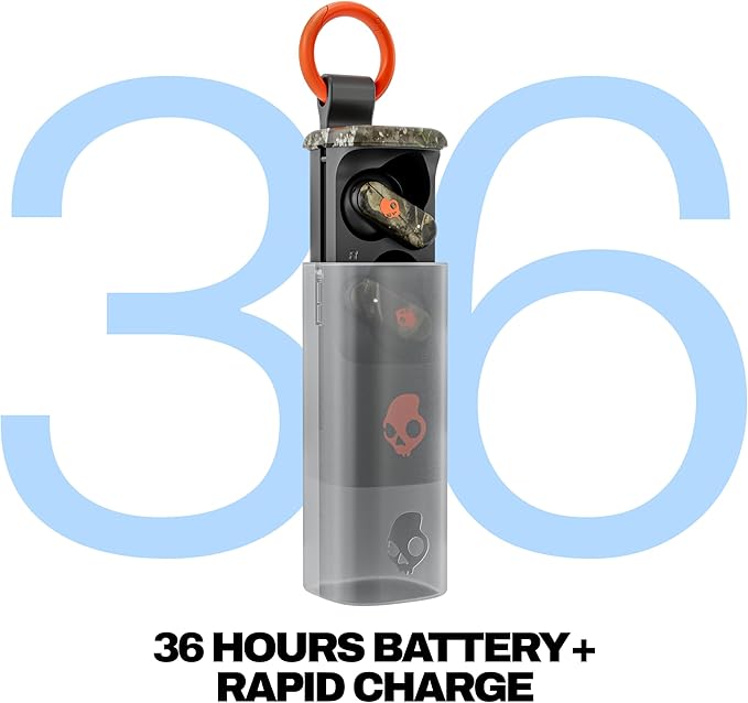 Skullcandy Dime Evo Wireless Earbuds, Bluetooth Headphones, Noise Isolating Fit, Up to 36 Hours Battery, Microphone, Easy Carry with Clip-Anywhere Case - Realtree APX Black/Orange