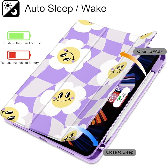 Tuiklol for iPad Pro 12.9 Inch 6th/5th/4th/3rd Generation 2022 2021 2020 2018 Case,Built-in Pencil Holder Clear Transparent Protective Back Shell Cover with Auto Sleep/Wake, Checkered Smile Flowers