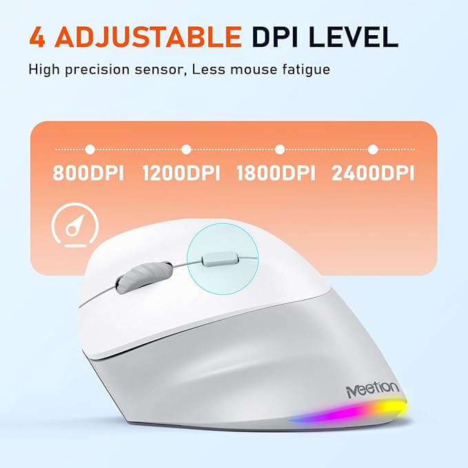 MEETION Left-Handed Ergonomic Wireless Vertical Mouse with RGB, Bluetooth (5.2 + 3.0) & 2.4G USB-A with Type-C Adapter, 4 Adjustable DPI for Mac/Windows/PC/Tablet/iPad, Gray