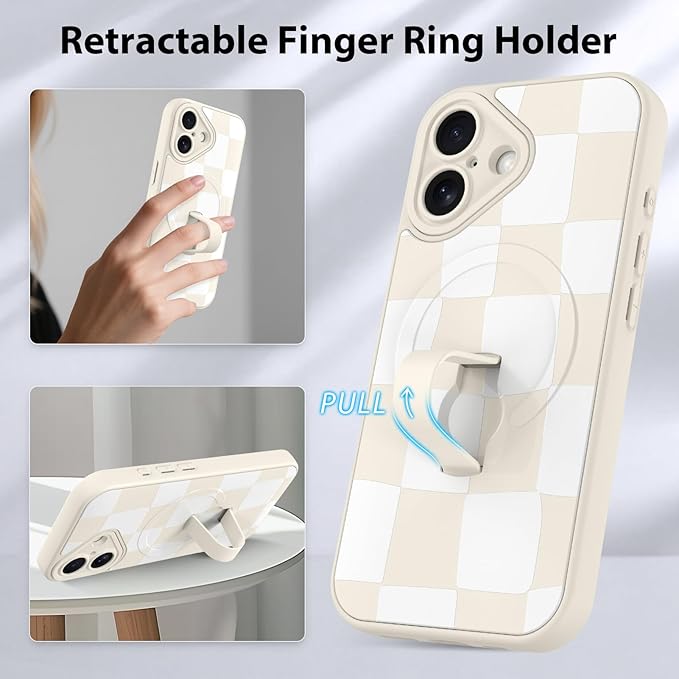 KANGHAR Compatible with iPhone 16 Case, Support for MagSafe, Silicone Checkered Cute Pattern, Wristband Kickstand Camera Protection Soft Slim Cover for Girls Women -White
