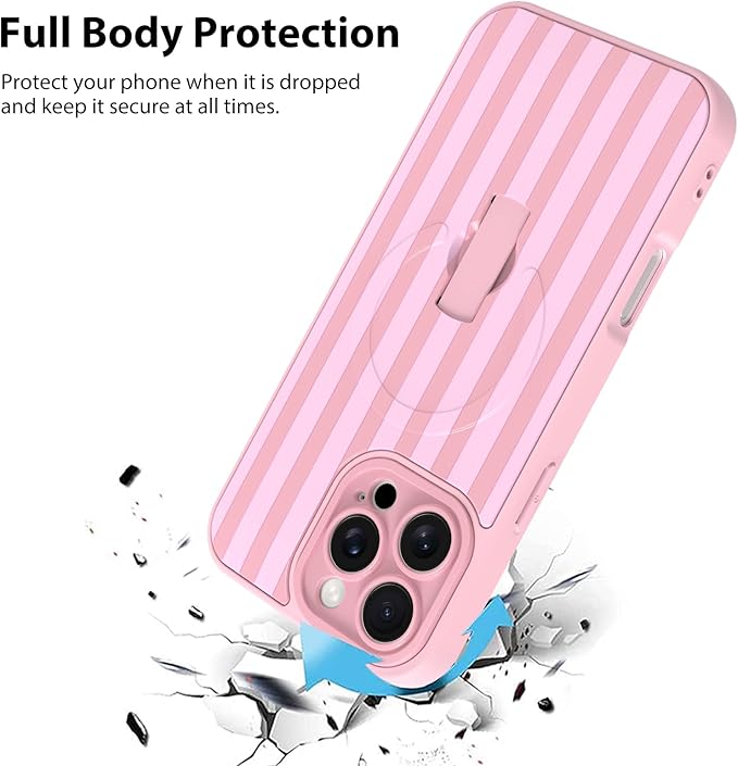 KANGHAR Compatible with iPhone 16 Pro Max Case, Support for MagSafe, Silicone Stripes Cute Pattern, Wristband Kickstand Camera Protection Soft Slim Cover for Girls Women -Pink