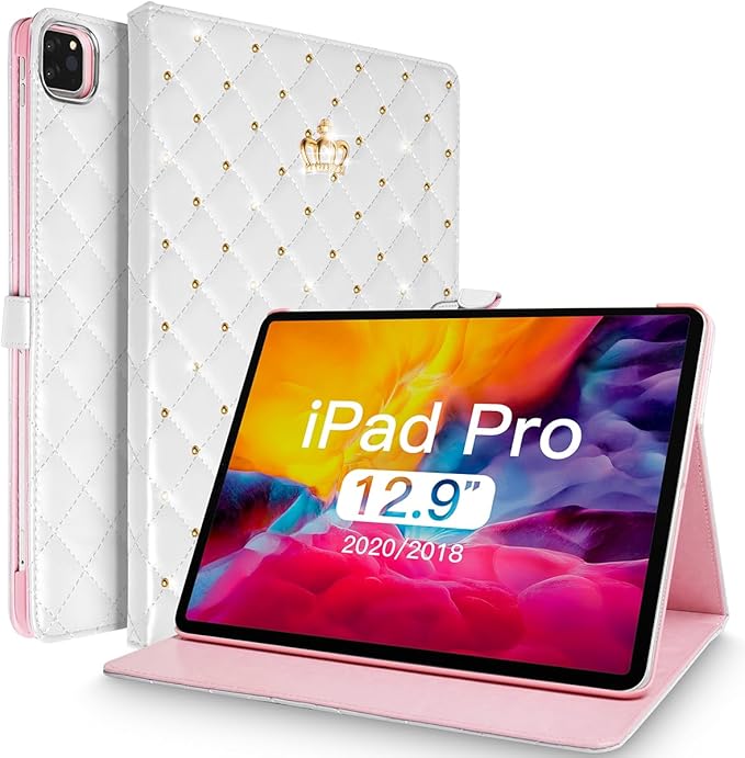 Changjia for iPad Pro 12.9 Inch Case 6th/5th/4th/3rd Generation (2022/2021/2020/2018),Crown Diamond Bling Cute PU Leather Smart Auto Sleep/Wake Stand Shockproof Protective Case for iPad 12.9Inch,White
