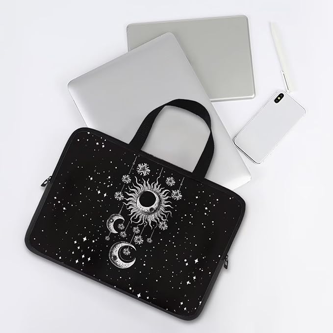 Sun Moon Stars Laptop Sleeve Case for Women Protective Soft Padded Zipper Cover Carrying Computer Bag Compatible with 13 Inch Notebook Chromebook Tablet, Galaxy Space, Black