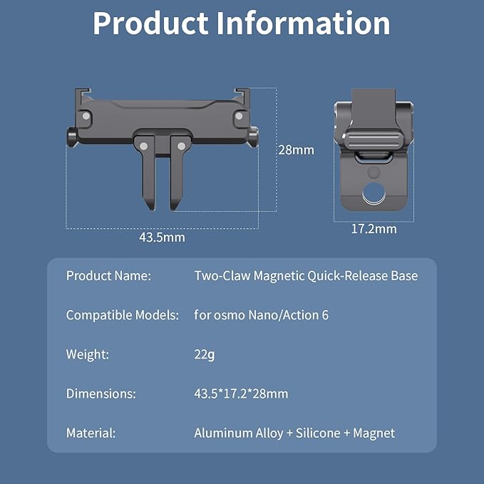 Aluminum Magnetic Quick Release Adapter Mount Compatible with DJI Osmo Action 6 /Osmo Nano, Expansion Stand with1/4Screw Hole/Foldable Connector/Quick-Release Buckle, Action Camera Accessories