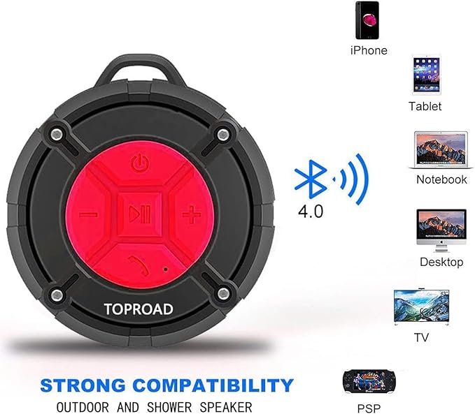 Portable Shower Speaker, IPX7 Waterproof Wireless Outdoor Speaker with HD Sound, 2 Suction Cups, Built-in Mic, Hands-Free Speakerphone for Bathroom, Pool, Beach, Hiking, Bicycle(Red)