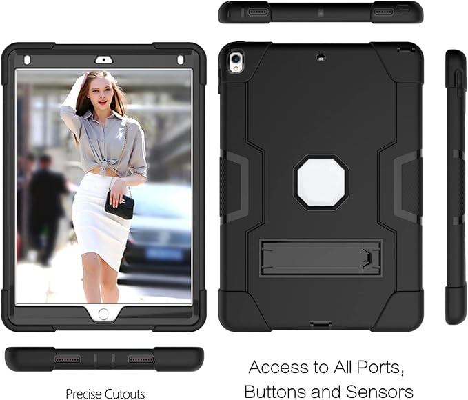 3 in 1 Hybrid Case for iPad Air 3 10.5" & iPad Pro 10.5" - Heavy Duty Rugged Stand, Shockproof, Anti-Slip & Scratch, Black/Black