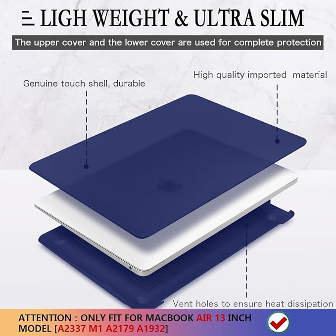 CISSOOK Navy Blue Cover for MacBook Air 13 M1 Case with Retina Display and Touch ID, Dark Blue Hard Shell Case with Keyboard Cover + Screen Protecter for Air 13 M1 A2337 A2179 A1932 Model 2018-2021