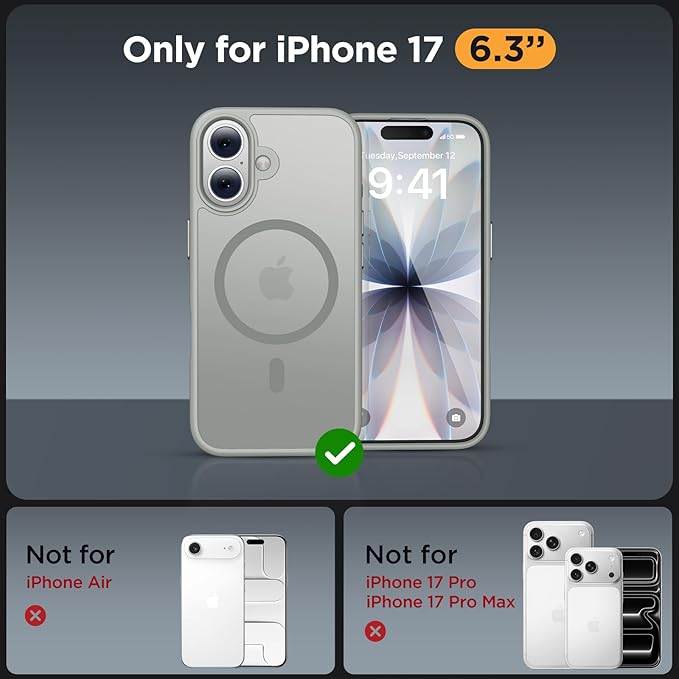 Miracase Magnetic for iPhone 17 Case (Compatible with MagSafe) with Screen Protector Military-Grade Protection, Anti-Fingerprint Translucent Matte Phone Cover for iPhone 17 6.3 inch, Gray