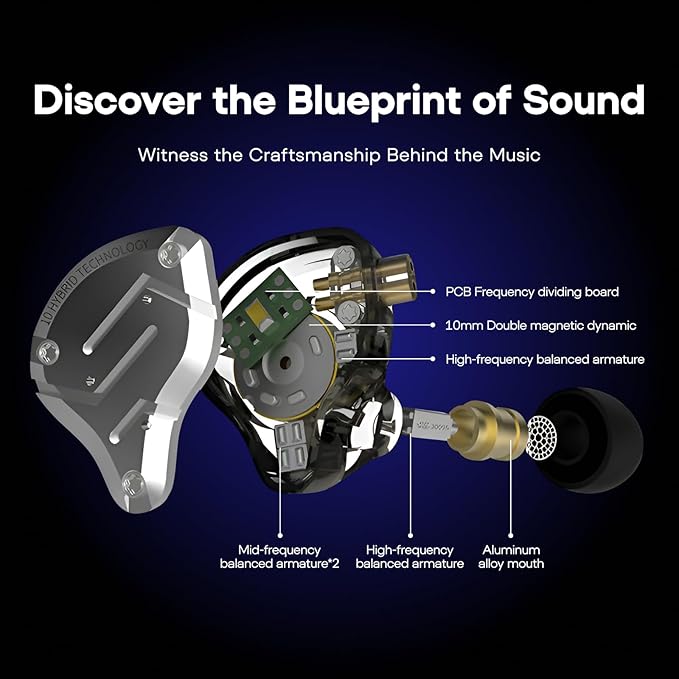 Linsoul KZ ZS10 Pro, 4BA+1DD 5 Driver in Ear Monitor, HiFi Wired Earbuds, Gaming Earbuds, Hybrid IEM Earphones with Stainless Steel Faceplate, Detachable Cable for Musician(with Mic, Dark Black)