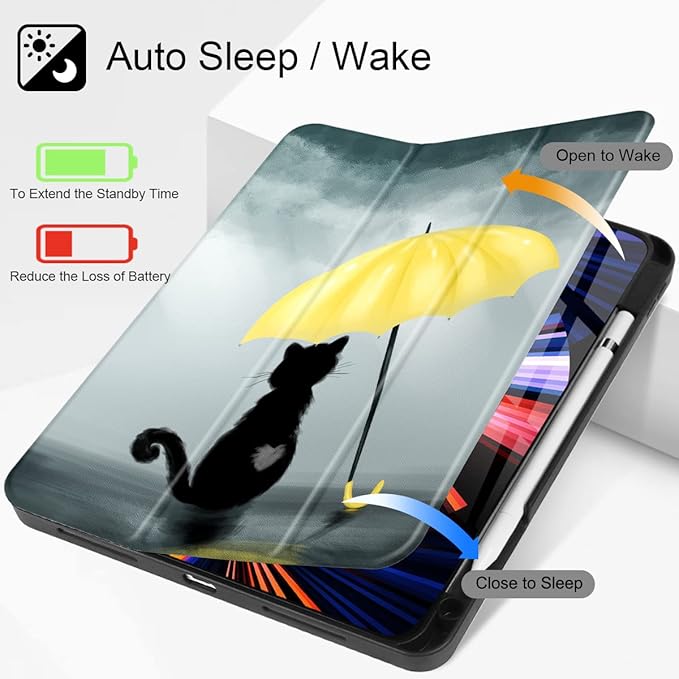Tuiklol for iPad Pro 12.9 inch 6th/5th/4th/3rd Generation 2022 2021 2020 2018 Release Case- Built in Pencil Holder Slim Protective Stand Back Cover with Auto Wake/Sleep iPad Cover,Black Cat